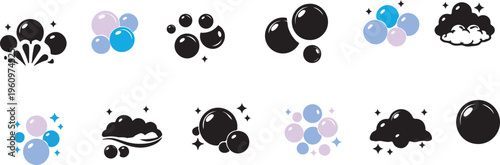 Soap bubbles icon. Foam bubble symbol. Sparkling water vector illustration. Fizzy soda drops sign. Oxygen sphere pictogram. Clean wash suds concept. Blue blowing bubbles icon set.