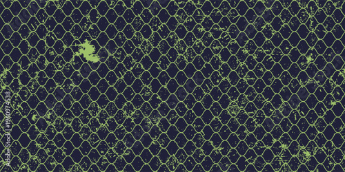 Grunge chain link fence texture in black and green tones, ideal for backgrounds, urban design, street art, and industrial style projects.