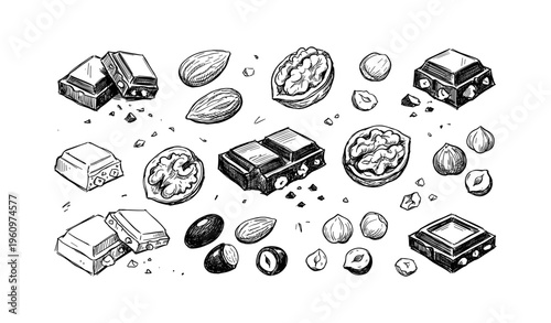 Hand-drawn chocolate nut collection with walnuts almonds and pistachios