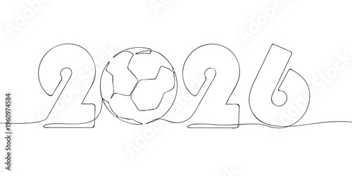 Outline illustration of 2026 numbers with soccer ball as zero element. Minimal line drawing style for football tournament branding, sports events, and championship design.