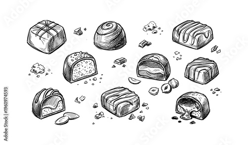 Hand-drawn assorted chocolate pralines with nuts and swirls