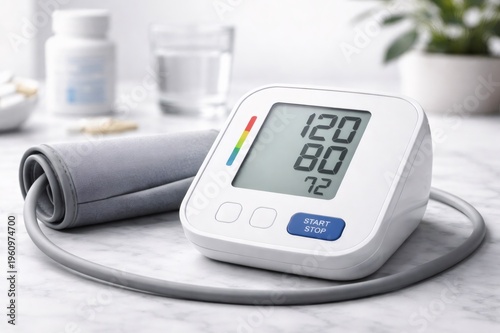 Modern digital blood pressure monitor showing healthy systolic and diastolic readings with a pulse rate, representing cardiovascular health and regular medical check ups at home