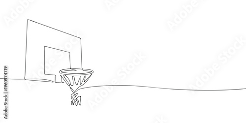 Basketball hoop with backboard drawn in continuous line style on light background. Minimal sports illustration with simple outline, suitable for design and graphic use.
