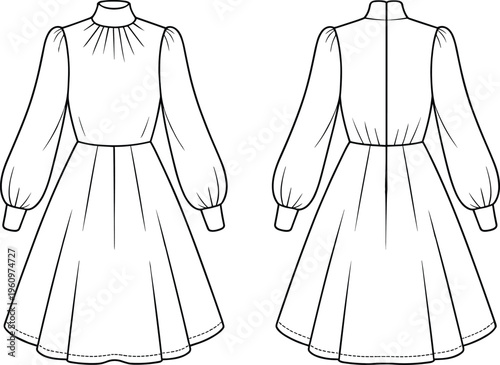 Long puff sleeve dress flat vector, front and back technical illustration