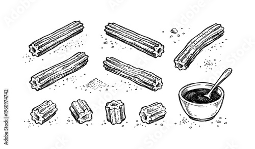Hand-drawn churros and chocolate dip with textured details
