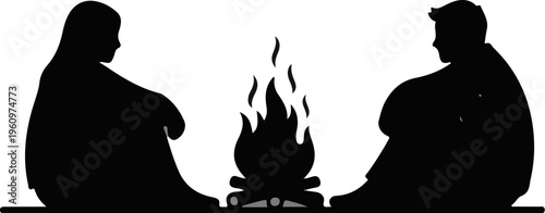 Two people sit in silhouette around a warm campfire, sharing stories and peace