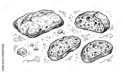 Hand-drawn artisan bread loaves and slices with rustic crumbs and textured details