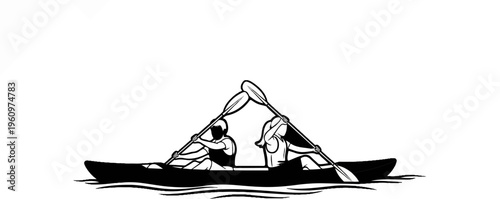 Two people paddling a canoe together, silhouetted against a white background