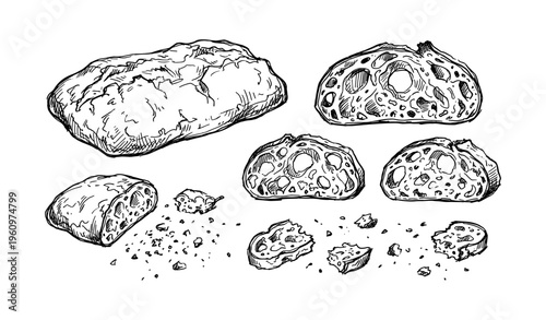 Hand-drawn artisan bread sketch with whole and sliced loaves