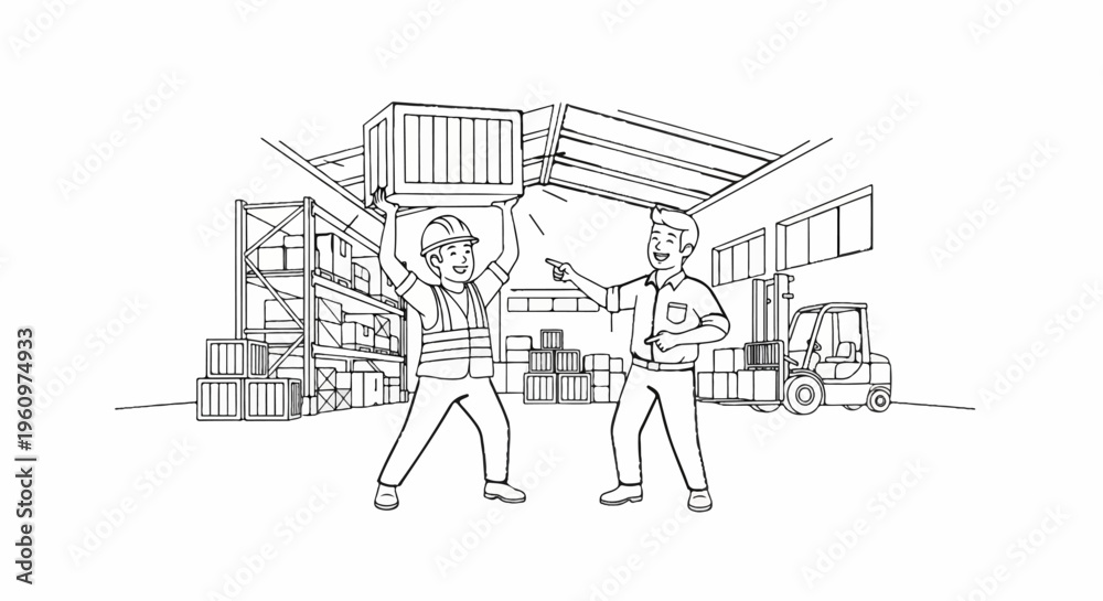 Fototapeta premium Two men working in a warehouse with a forklift and shelves of boxes