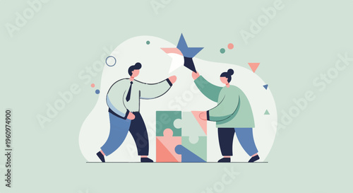 Two people assembling a puzzle and placing a star