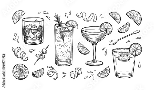 Hand-drawn cocktail collection with citrus slices and garnishes in black and white
