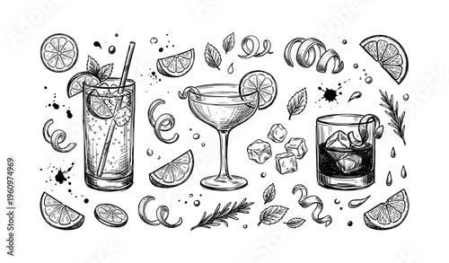 Hand-drawn cocktail collection with glasses, citrus slices, ice cubes, and herb garnishes