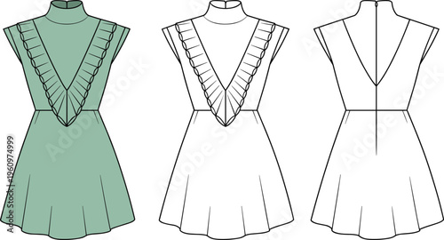 Green sleeveless dress fashion flat vector, front and back technical illustration