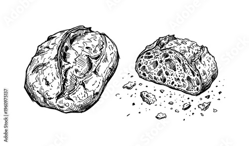 Hand-drawn loaf of rustic bread and sliced piece sketch