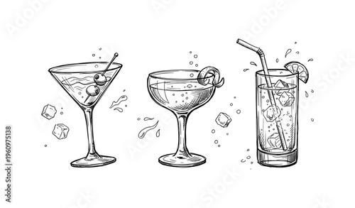 Hand-drawn cocktail collection: martini, champagne coupe, highball with ice