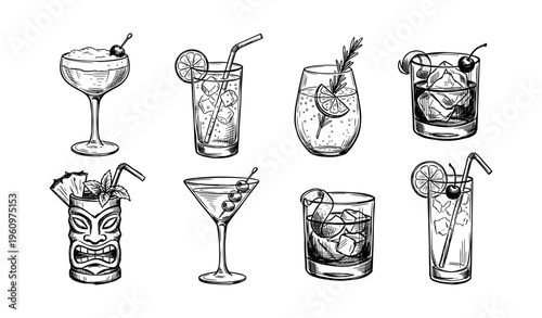 Hand-drawn cocktail collection: margaritas, martinis, and tropical drinks