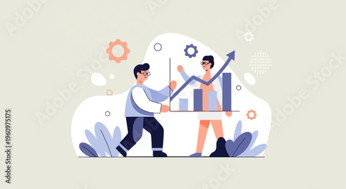 Two individuals analyze a rising bar graph with an upward trend arrow