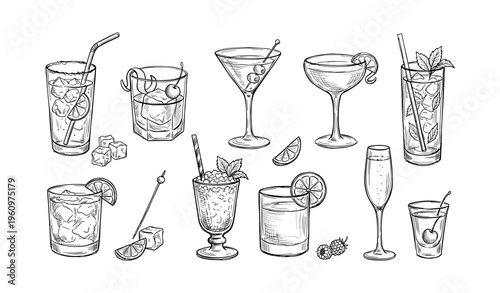 Hand-drawn cocktails collection with various glasses and garnishes