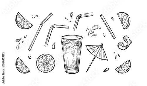 Hand-drawn lemonade glass with umbrella, straw, and lemon slices