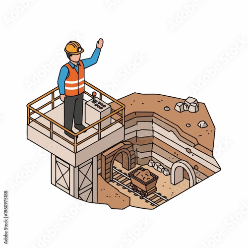 Isometric illustration of a miner overseeing operations at a mine entrance.
