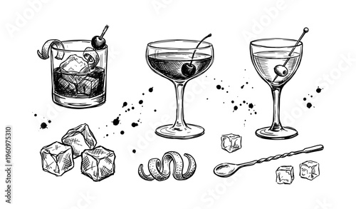 Hand-drawn cocktail glasses and bar accessories in black and white sketch