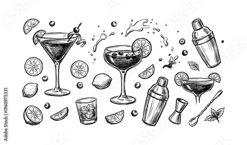 Hand-drawn cocktail illustrations with shakers, glasses, citrus slices, and berries