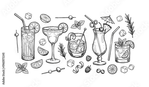 Hand-drawn cocktail collection with garnishes and ice cubes