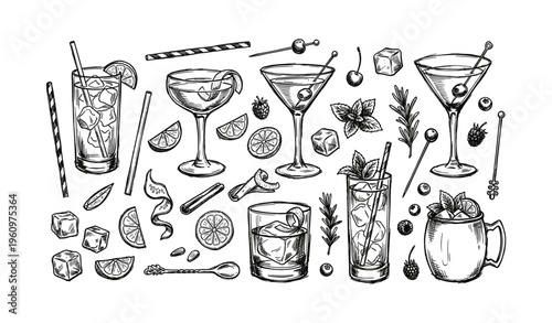 Hand-drawn cocktail sketch with glasses, garnishes, and ingredients