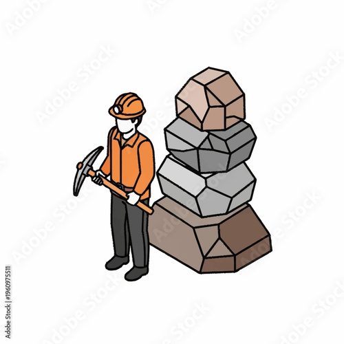 Isometric illustration of a miner with a pickaxe standing next to a stack of rocks.