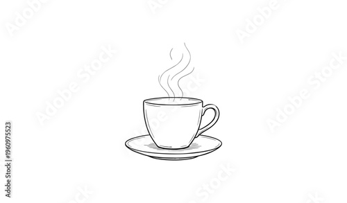 Hand-drawn steaming coffee cup on saucer against white background