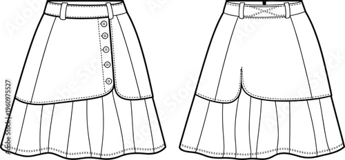 Flat vector fashion skirt technical drawing, asymmetrical wrap pleated design illustration