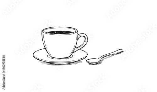 Hand-drawn coffee cup and spoon illustration on white background