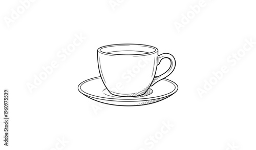 Simple black and white line art of coffee cup on saucer