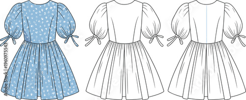 Flat vector fashion dress technical drawing, puff sleeve pleated skirt design illustration