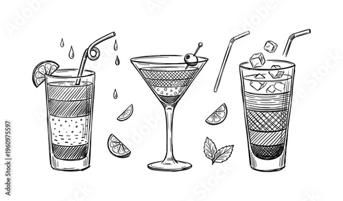 Hand-drawn cocktail collection with lime, martini glass, and ice cubes