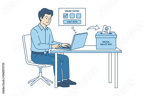 Businessman voting online from home or office. Digital ballot box and web interface for electronic elections. Secure remote voting, digital transformation and civic duty concept. Flat line vector art.