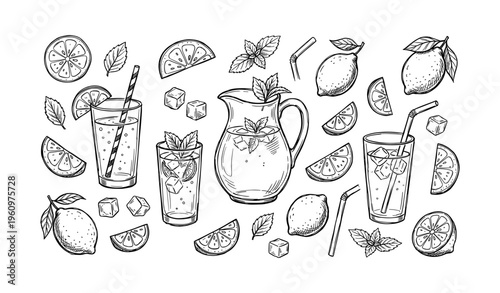 Hand-drawn lemonade set with lemons, glasses, and ice cubes