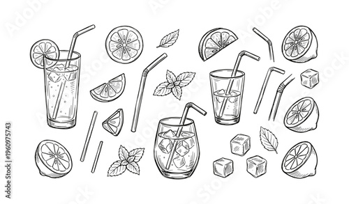 Illustrative beverage icons with lemon, ice, mint, and straws