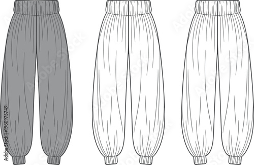 Flat vector jogger pants fashion illustration front back seam detail design