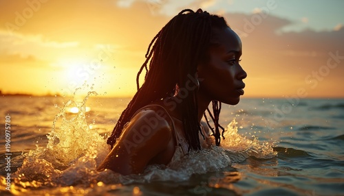 Dark skinned woman with dreadlocks swims in ocean water at sunset. Golden light reflects on water splashes and her body. Serene evening vacation scene.