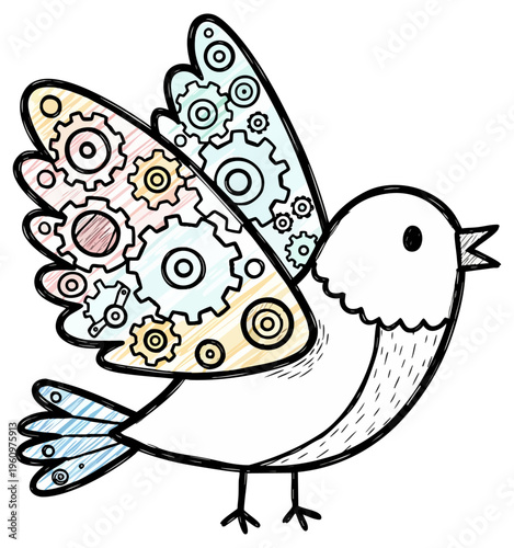 Mechanical Steampunk Bird with Clockwork Gears in Wings Illustration