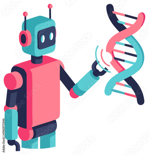 Humanoid robot analyzing DNA helix in biotechnology genetic science