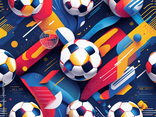 A dynamic seamless wallpaper pattern inspired by the 2026 football world championship, featuring abstract soccer elements and modern sporty design in a clean, high-energy visual style