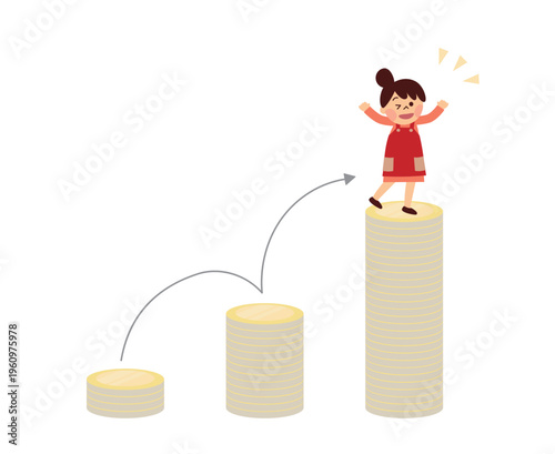 コインでできたグラフを上がる主婦