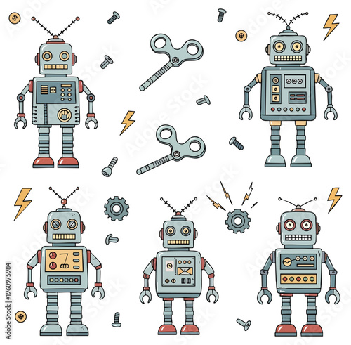 Collection of Hand Drawn Vintage Style Tin Toy Robots and Parts