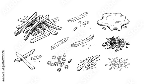 Hand-drawn french fries with seasonings and sauces in black and white illustration