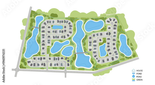 Modern Residential Neighborhood Master Site Plan Illustration with Houses, Ponds, and Green Landscapes