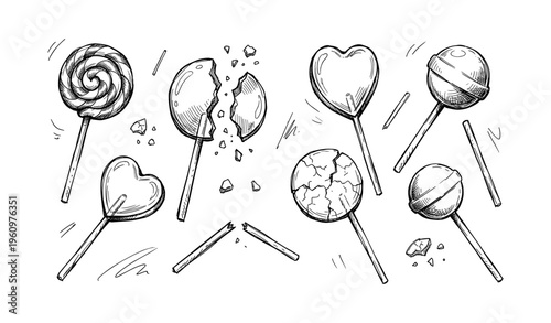 Hand-drawn assorted lollipops and broken candy sticks in black and white