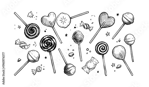 Assorted hand-drawn lollipops and candies in artistic sketch style